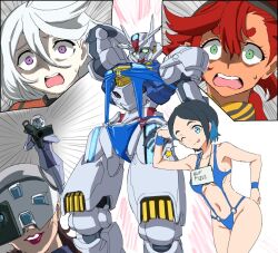 Rule 34 | 4girls, anger vein, arm up, armpits, bazooka, bazooka (gundam), bikini, blue eyes, blue hair, breasts, cleavage, constricted pupils, green eyes, gundam, gundam suisei no majo, hand on own head, helmet, incoming attack, large breasts, legs, long hair, mecha, multiple girls, navel, one eye closed, open mouth, purple eyes, purple hair, red hair, robot, shaded face, short hair, smile, surprised, swimsuit, thighs, tongue, tongue out, underboob, victory gundam, weapon, white hair, wide-eyed, wink