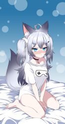 Rule 34 | absurdres, ahoge, angry, animal ear fluff, animal ears, barefoot, bed sheet, between legs, black choker, black hair, blue background, blue eyes, blush, choker, collarbone, commentary, cross, cross earrings, cross pendant, dog ears, dog girl, dog tail, earrings, frown, fur hair tie, game controller print, gradient background, gradient hair, grey hair, hair ornament, hair tie, hairpin, hand between legs, highres, indie virtual youtuber, jewelry, legs, long hair, looking at viewer, monsiursandox, multicolored hair, nose blush, off shoulder, on bed, pendant choker, scissors hair ornament, shirt, sitting, slit pupils, smiley hair ornament, snowflake hair ornament, spanish commentary, tail, thighs, two side up, virtual youtuber, wariza, white shirt, x hair ornament, yukine olwin