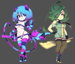 Rule 34 | 2girls, ahp.7c4, animal ears, black background, black gloves, black neckwear, blue gloves, blue hair, breasts, brown legwear, closed mouth, commentary, english commentary, eyepatch, full body, gloves, green hair, hand on own hip, highres, long hair, looking at viewer, medium breasts, multiple girls, navel, necktie, original, red eyes, short hair, simple background, slugbox, smile, standing, striped clothes, striped gloves, striped legwear, striped tail, striped thighhighs, tail, thighhighs, vomi agogo (slugbox)