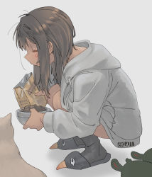 Rule 34 | 1girl, alternate costume, alternate hairstyle, animal, animal slippers, bag, black legwear, bowl, brown hair, cat, closed eyes, closed mouth, ergot, failure penguin, fubuki (kancolle), grey background, grey jacket, hair down, highres, holding, holding bag, holding bowl, hood, hood down, hooded jacket, jacket, kantai collection, pet food, signature, simple background, slippers, socks, squatting, turtle
