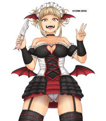 Rule 34 | 1girl, alternate costume, artist name, bad id, bad pixiv id, bat wings, blonde hair, blunt bangs, boku no hero academia, culton, dress, frilled dress, frills, gluteal fold, knife, looking at viewer, open mouth, panties, short dress, short twintails, smile, solo, thighhighs, toga himiko, twintails, underwear, vampire costume, white panties, wings, yellow eyes