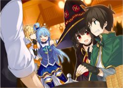 Rule 34 | 1boy, 3girls, :d, = =, aqua (konosuba), black gloves, black hair, blonde hair, blue hair, blue shirt, blue skirt, boots, cape, capelet, casino, clenched teeth, collarbone, darkness (konosuba), detached sleeves, elbow gloves, closed eyes, fingerless gloves, gloves, gold, green eyes, hair ornament, hat, highres, indoors, kono subarashii sekai ni shukufuku wo!, long hair, megumin, mishima kurone, multiple girls, non-web source, novel illustration, official art, open mouth, pleated skirt, ponytail, red eyes, roulette table, satou kazuma, shirt, skirt, smile, table, teeth, thigh boots, thighhighs, v-shaped eyebrows, witch hat, x hair ornament