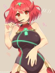 Rule 34 | 1girl, black one-piece swimsuit, breasts, competition swimsuit, covered navel, earrings, food, headpiece, highres, jewelry, large breasts, narumi (masatoshi-0313), nintendo, one-piece swimsuit, pocky, pyra (pro swimmer) (xenoblade), pyra (xenoblade), red eyes, red hair, short hair, smile, solo, swept bangs, swimsuit, tiara, xenoblade chronicles (series), xenoblade chronicles 2