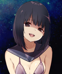 Rule 34 | 1girl, :d, bad id, bad pixiv id, bare shoulders, bikini, black hair, blue background, blunt bangs, breasts, brown eyes, cleavage, commentary request, gradient background, half-closed eye, head tilt, lips, looking at viewer, manatsuki manata, medium breasts, open mouth, original, purple bikini, sailor collar, shaded face, shiny skin, short hair, smile, solo, sparkle, swimsuit, teeth, uneven eyes, upper teeth only