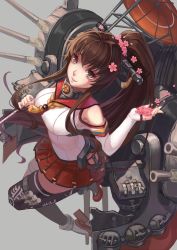 Rule 34 | 10s, 1girl, bojue yu yaojing 695657, breasts, brown eyes, brown hair, cherry blossoms, detached sleeves, flower, flower on head, from above, headgear, highres, holding, kantai collection, large breasts, long hair, looking at viewer, machinery, miniskirt, pleated skirt, ponytail, single thighhigh, skirt, smile, solo, thighhighs, turret, umbrella, yamato (kancolle)