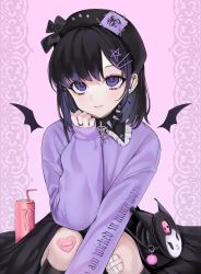 Rule 34 | 1girl, bag, bat wings, beret, black bow, black hair, black hat, bow, can, choker, clenched hand, drinking straw, hair ornament, handbag, hat, hat bow, highres, long sleeves, looking at viewer, monster energy, multicolored hair, ompf, original, purple hair, purple sweater, sleeves past wrists, smile, solo, spiked choker, spikes, star (symbol), star hair ornament, streaked hair, sweater, wings, yami kawaii