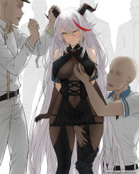 Rule 34 | 1girl, 5boys, absurdly long hair, aegir (azur lane), asymmetrical footwear, azur lane, bare shoulders, belt, black belt, blush, bodystocking, boots, breast curtains, grabbing another&#039;s breast, breasts, commission, condom, condom wrapper, covered navel, cross, cross-laced clothes, cross earrings, darksin, demon horns, earrings, faceless, faceless male, grabbing, hair between eyes, highres, holding, holding condom, horns, iron cross, jacket, jewelry, knee boots, large breasts, long hair, microskirt, military, military uniform, multicolored hair, multiple boys, naval uniform, pants, pixiv commission, red hair, shirt, short sleeves, single knee boot, skirt, standing, streaked hair, two-tone hair, underbust, uneven footwear, uniform, very long hair, white hair, white jacket, white pants, white shirt, yellow eyes