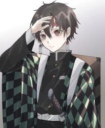 Rule 34 | 1boy, alternate hairstyle, arm up, bad id, bad pixiv id, belt, bright pupils, brown eyes, brown hair, checkered clothes, earrings, eyelashes, gradient background, grey belt, hair between eyes, jewelry, kamado tanjirou, katana, kimetsu no yaiba, light particles, long sleeves, male focus, scar, scar on face, scar on forehead, sheath, sheathed, soji 777, solo, sword, weapon, white pupils, wide sleeves