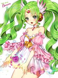 Rule 34 | 1girl, :d, bad id, bad pixiv id, bare shoulders, breasts, character name, choker, cleavage, cowboy shot, dated, dress, falulu, falulu (awakened), flower, forehead jewel, gambe, green hair, grey eyes, headphones, idol clothes, long hair, looking down, open mouth, parted bangs, petals, pretty series, pripara, puffy short sleeves, puffy sleeves, purple flower, purple rose, rose, short sleeves, sidelocks, simple background, small breasts, smile, solo, standing, twintails, typo, very long hair, white background, white choker, white dress, wing hair ornament
