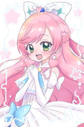 Rule 34 | 1girl, ascot, bow, braid, brooch, commentary, cure prism, dress, dress bow, earrings, elbow gloves, french braid, gloves, green eyes, hair bow, highres, hirogaru sky! precure, interlocked fingers, jewelry, long hair, looking at viewer, magical girl, nijigaoka mashiro, open mouth, own hands together, pink hair, precure, rozimechicka 01, side braid, sleeveless, sleeveless dress, smile, solo, standing, twin braids, very long hair, white bow, white dress, white gloves, wing brooch