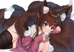 Rule 34 | 1girl, animal ear fluff, animal ears, ayul (ayulneri 92), blue eyes, breasts, brown hair, brown thighhighs, cleavage, commission, fluffy, fox ears, fox girl, fox tail, highres, jacket, kitsune, large breasts, large tail, long hair, looking at viewer, lying, multiple tails, off shoulder, on stomach, one side up, original, pink jacket, plushmallow, shirt, simple background, skindentation, smile, solo, tail, thighhighs, thighs, white background, white shirt