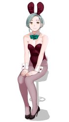 Rule 34 | 1girl, absurdres, alternate costume, animal ears, bad id, bad twitter id, black footwear, bow, bowtie, breasts, detached collar, fake animal ears, full body, grey hair, grey pantyhose, hands on lap, high heels, highres, kantai collection, leotard, looking at viewer, mole, mole on neck, ojipon, pantyhose, playboy bunny, red leotard, short hair, simple background, sitting, small breasts, smile, solo, stool, tamanami (kancolle), white background, wrist cuffs, yellow eyes