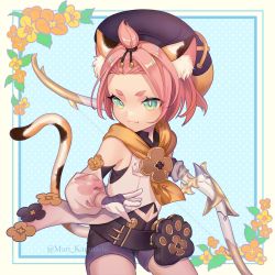Rule 34 | 1girl, :3, animal ears, bangs pinned back, belt, black shorts, bow (weapon), cat ears, cat girl, cat tail, choker, commentary request, detached sleeves, diona (genshin impact), fighting stance, forehead, genshin impact, gloves, green eyes, highres, holding, holding bow (weapon), holding weapon, karanashi mari, looking at viewer, paw print, pink hair, puffy detached sleeves, puffy shorts, puffy sleeves, short hair, shorts, sidelocks, simple background, smile, solo, tail, thick eyebrows, twitter username, v-shaped eyebrows, weapon, white gloves