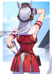 Rule 34 | 1girl, animal ears, blue sky, cloud, commentary request, day, dress, from behind, gold ship (umamusume), grey hair, hand on own hip, highres, horse ears, horse girl, horse tail, jenshenya, long hair, pantyhose, red dress, sky, solo, tail, umamusume