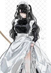 Rule 34 | 1boy, apron, black dress, black hair, blue eyes, blush, breasts, clothes lift, crossdressing, dress, fate/grand order, fate (series), frilled apron, frills, fujimaru ritsuka (male), garter straps, highres, lace, lace-trimmed legwear, lace trim, large breasts, long hair, long sleeves, looking at viewer, maid, maid apron, maid headdress, male focus, puffy sleeves, sasakitogd, skirt, skirt lift, solo, thighhighs, waist apron, white apron, white garter straps, white thighhighs