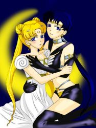 Rule 34 | 1990s (style), 2girls, artist request, bishoujo senshi sailor moon, bishoujo senshi sailor moon sailor stars, black hair, blonde hair, blue eyes, blush, closed mouth, collar, collarbone, couple, crescent, crescent facial mark, crescent moon, double bun, dress, earrings, facial mark, hair bun, hug, jewelry, kneeling, long hair, looking at viewer, low ponytail, magical girl, moon, multiple girls, neck, nipples, open mouth, parted bangs, princess serenity, retro artstyle, sailor star fighter, seiya kou, star (symbol), star earrings, stud earrings, tiara, tsukino usagi, twintails, very long hair, white dress, yuri
