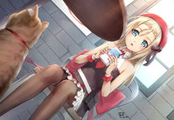 Rule 34 | 1girl, animal, belt pouch, beret, black pantyhose, blonde hair, blue eyes, blush, brick wall, cat, chair, commentary request, dated, dress, drinking straw, dutch angle, feet out of frame, forehead, frilled dress, frills, girls&#039; frontline, hair ribbon, hat, holding, indoors, long hair, looking at viewer, milk, milk carton, mp5 (girls&#039; frontline), open mouth, pantyhose, pouch, red hat, ribbon, sarasa (kanbi), sitting, sleeveless, sleeveless dress, solo, table, thigh strap, twitter username, window, wing collar, wrist cuffs