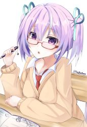 1girl absurdres alternate_hairstyle bimmy glasses highres looking_at_viewer necktie neptune_(neptunia) neptune_(series) open_mouth pen purple_eyes purple_hair ribbon school_uniform short_hair solo twintails