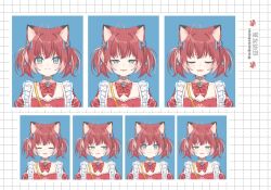 Rule 34 | 1girl, :3, akami karubi, animal ears, blinking, blue eyes, blue ribbon, blush, bow, bowtie, cat ears, cat girl, choker, closed mouth, collarbone, commentary, fangs, grid background, hair ribbon, half-closed eyes, heart, heart choker, highres, id photo, indie virtual youtuber, looking at viewer, multiple views, open mouth, photo strip, red bow, red bowtie, red hair, red shirt, ribbon, romaji text, sentouryoku 5, shirt, short hair, short twintails, smile, straight-on, symbol-only commentary, translation request, twintails, v-shaped eyebrows, virtual youtuber, white background