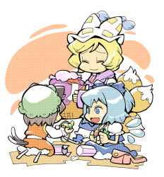 Rule 34 | 3girls, animal hat, blonde hair, blue hair, brown hair, cat tail, chen, cirno, closed eyes, female focus, fox tail, hat, hounori, ice, ice wings, jewelry, long sleeves, mob cap, multiple girls, multiple tails, open mouth, pendant, mob cap, puffy short sleeves, puffy sleeves, short hair, short sleeves, smile, socks, tail, tassel, touhou, wide sleeves, wings, yakumo ran