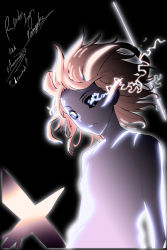Rule 34 | 1girl, absurdres, black background, black sclera, blank eyes, breasts, colored sclera, commentary, electricity, electrokinesis, empty eyes, energy, english text, expressionless, floating hair, from side, glowing, glowing eyes, highres, incredibly absurdres, looking down, magic, medium hair, misaka mikoto, misaka mikoto level 6 shift, no pupils, photoshop (medium), psychic, science fiction, shiny skin, small breasts, solo, toaru kagaku no railgun, toaru majutsu no index, transformation, upper body, white eyes, xanacondax