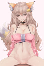 Rule 34 | 1girl, absurdres, animal ears, annytf, bare shoulders, blush, bottomless, breasts, brown hair, cleavage, cowgirl position, fox ears, fox tail, groin, hair ornament, highres, indie virtual youtuber, kataku musou, large breasts, long hair, looking at viewer, medium breasts, navel, pov, smile, solo, straddling, tail, virtual youtuber, yellow eyes