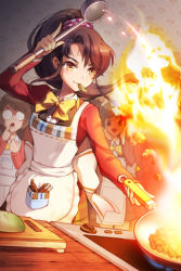 Rule 34 | 3girls, apron, blazer, bow, brown hair, cooking, cutting board, dress shirt, fire, flambe, frying pan, glasses, hands on own face, jacket, kitchen, ladle, lowres, multiple girls, oven, plaid, plaid skirt, ponytail, shirt, short hair, skirt, sword girls, yellow eyes