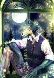 Rule 34 | 1boy, absurdres, beastars, body fur, cherryton school uniform, claws, commentary request, full moon, furry, furry male, highres, legoshi, looking at viewer, male focus, moon, necktie, night, official art, pants, pinstripe pants, pinstripe pattern, school uniform, shirt, sitting in window, sky, sleeves rolled up, solo, star (sky), starry sky, striped clothes, striped pants, vertical-striped clothes, vertical-striped pants, vest, white shirt, wolf, wolf boy
