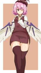 Rule 34 | 1girl, ;), absurdres, animal ears, be yu, bird wings, border, breasts, brown background, brown dress, brown eyes, brown hat, brown thighhighs, closed mouth, commentary request, dress, feathered wings, feet out of frame, hat, highres, long sleeves, looking to the side, mob cap, mystia lorelei, one eye closed, pink hair, shirt, short hair, sidelocks, smile, solo, thighhighs, thighs, touhou, undershirt, white border, white shirt, white wings, winged hat, wings
