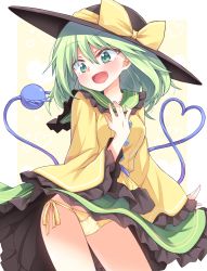 Rule 34 | 1girl, :d, bad id, bad pixiv id, black hat, blush, border, bow, breasts, clothes lift, commentary request, cowboy shot, frilled shirt collar, frilled sleeves, frills, green eyes, green hair, green skirt, hair between eyes, hand on own chest, hat, hat bow, head tilt, heart, heart of string, highres, ina (inadahime), komeiji koishi, long sleeves, medium breasts, open mouth, outside border, panties, shirt, short hair, side-tie panties, simple background, skirt, skirt lift, smile, solo, standing, thighs, third eye, touhou, underwear, white border, wide sleeves, yellow background, yellow bow, yellow panties, yellow shirt