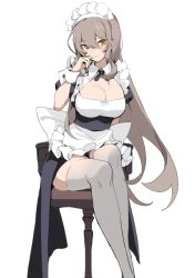 Rule 34 | 1girl, arm support, banned artist, black panties, blush, bow, breasts, brown eyes, brown hair, cleavage, eyes visible through hair, frills, grey background, grey thighhighs, hair between eyes, highres, icomochi, large bow, light brown hair, long hair, maid, maid headdress, original, panties, pantyshot, parted lips, puffy sleeves, simple background, sitting, skindentation, solo, thighhighs, underwear, very long hair