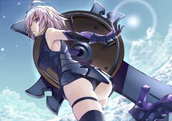 Rule 34 | 1girl, absurdres, armor, armored dress, ass, breasts, cloud, cloudy sky, day, detached sleeves, elbow gloves, fate/grand order, fate (series), gloves, hair over one eye, highres, large breasts, looking at viewer, mash kyrielight, parted lips, purple eyes, purple gloves, purple hair, purple legwear, short hair, shunichi, skindentation, sky, solo, standing, standing on one leg, sun, sunlight, thigh strap, thighs