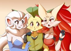 Rule 34 | 1boy, 2girls, animal ears, between breasts, blue dress, blue gloves, blush, braixen, braxy (lucyfer), breast press, breasts, cinccina (lucyfer), cinccino, cleavage, cosplay, creatures (company), dress, elbow gloves, embarrassed, fox girl, furry, furry female, game freak, gen 4 pokemon, gen 5 pokemon, gen 6 pokemon, gloves, hetero, highres, kaito (lucyfer), large breasts, leafeon, long hair, looking at another, lucyfer, may (pokemon) (cosplay), multiple girls, nintendo, no humans, open mouth, personification, pokemon, smile, very long hair, white hair, wide hips