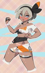 Rule 34 | 1girl, @ @, bea (pokemon), black gloves, black hairband, blue eyes, blush, bodysuit, bodysuit under clothes, breasts, clenched hands, clothes writing, collarbone, covered navel, cowboy shot, creatures (company), crop top, cropped legs, dark-skinned female, dark skin, female focus, game freak, gloves, grey hair, hairband, hands up, highres, hitmanatee, inverted nipples, legs apart, looking at viewer, nintendo, nipples, open mouth, outline, partially fingerless gloves, plaid, plaid background, pokemon, pokemon swsh, revealing layer, shiny skin, shirt, short hair, short shorts, short sleeves, shorts, sidelocks, single bare shoulder, single glove, small breasts, solo, standing, sweatband, tan, tanline, teeth, thighhighs, thighs, v-shaped eyebrows, white outline, white shirt, white shorts, white thighhighs