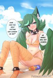 Rule 34 | 1girl, ahoge, animal ear fluff, animal ears, artist name, asekeu, beach, bikini, bird girl, bird legs, blush, breasts, cat ears, choker, cleavage, commentary, embarrassed, english text, feathers, female focus, green eyes, green feathers, green hair, green wings, harpy, highres, knees together feet apart, knees up, long hair, looking at viewer, lotion, medium breasts, monster girl, navel, open mouth, orange bikini, original, outdoors, quill (asekeu), sitting, solo, spiked anklet, spiked choker, spikes, striped bikini, striped clothes, sunscreen, swimsuit, winged arms, wings