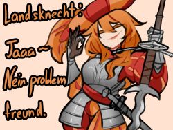 Rule 34 | 1girl, armor, breastplate, centurii-chan (artist), closed mouth, colored eyelashes, commentary, english commentary, english text, closed eyes, gauntlets, german text, hat, hat feather, highres, holding, holding sword, holding weapon, lips, long hair, ok sign, orange hair, original, pink background, sheath, sheathed, simple background, solo, sword, weapon, wide sleeves, zweihander