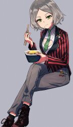 Rule 34 | 1girl, bowl, brown footwear, chopsticks, closed mouth, clothing cutout, collared shirt, cross-laced footwear, crossed legs, denonbu, food, food on face, full body, green eyes, green necktie, grey background, grey hair, grey pants, haijima ginka, hand up, heart cutout, highres, holding, holding bowl, holding chopsticks, holding food, jacket, long sleeves, looking at viewer, necktie, pants, red jacket, shirt, shoes, short hair, simple background, sitting, smile, solo, striped clothes, striped jacket, wanowanoji67, white shirt