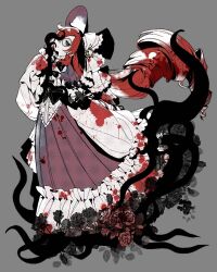Rule 34 | 1girl, :/, arched back, blood, blood in hair, blood on clothes, bow, bowtie, capelet, center frills, drill hair, extra ears, floral print, flower, frilled shirt collar, frilled skirt, frilled sleeves, frills, full body, grey background, hair over one eye, hat, hat bow, hat ornament, highres, leaf, limited palette, long hair, long skirt, long sleeves, looking at viewer, monocle, monster girl, original, pleated skirt, puffy long sleeves, puffy sleeves, red capelet, red hair, red skirt, ringed eyes, rose, rose print, simple background, skirt, skull hat ornament, sleeves past wrists, solo, standing, tentacles, top hat, tuko, veil