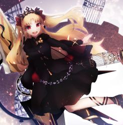 Rule 34 | 1girl, bad id, bad pixiv id, blonde hair, breasts, cage, commentary request, earrings, ereshkigal (fate), ereshkigal (third ascension) (fate), fate/grand order, fate (series), hair ribbon, harutatata19, highres, jewelry, long hair, looking at viewer, open mouth, parted bangs, red eyes, ribbon, skull, smile, solo, teeth, tiara, two side up, upper teeth only