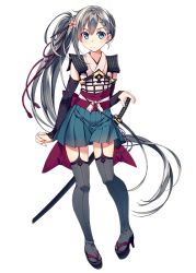 Rule 34 | 1girl, absurdly long hair, aqua eyes, blue eyes, braid, detached sleeves, flower, french braid, full body, garter straps, geta, hair flower, hair ornament, japanese clothes, light smile, long hair, looking at viewer, official art, pigeon-toed, platform clogs, platform footwear, pleated skirt, ribbon, sandals, sheath, sheathed, shirohime quest, side ponytail, silver hair, skirt, solo, sword, takada jou, thighhighs, transparent background, very long hair, weapon