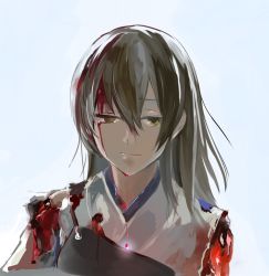 Rule 34 | 10s, 1girl, blank eyes, bleeding, blood, blood in hair, blood on clothes, blood on face, blue sky, brown hair, commentary request, empty eyes, expressionless, japanese clothes, kaga (kancolle), kantai collection, looking at viewer, mosuke, muneate, portrait, pov, serious, simple background, sky, solo, torn clothes, yellow eyes