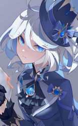 Rule 34 | 1girl, absurdres, ai dongdong, arm at side, ascot, black ascot, black gloves, blue eyes, blue hair, blue hat, blue shirt, breasts, brooch, burnt, closed mouth, dot nose, furina (genshin impact), genshin impact, gloves, grey background, hair between eyes, hand up, hat, highres, holding, holding paper, jewelry, light frown, long hair, long sleeves, looking at viewer, mini hat, mini top hat, multicolored hair, paper, shirt, sidelocks, simple background, small breasts, solo, streaked hair, top hat, upper body, white hair