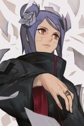 Rule 34 | 1girl, black robe, blue hair, closed mouth, double bun, flower, hair flower, hair ornament, hungry clicker, jewelry, konan (naruto), long sleeves, naruto, naruto (series), paper, red eyes, ring, robe, short hair, sidelocks, solo, upper body, wide sleeves