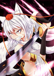 Rule 34 | 1girl, adapted costume, alternate eye color, angry, animal ears, black skirt, blood, blood on face, blood trail, breasts, clenched teeth, crop top, detached sleeves, determined, energy, facial mark, fangs, fighting stance, gauntlets, hat, highres, holding, holding sword, holding weapon, injury, inubashiri momiji, inyuppo, looking to the side, medium breasts, navel, orange eyes, pom pom (clothes), reflection, serious, shirt, short hair, skirt, sleeveless, sleeveless shirt, slit pupils, solo, sword, tail, teeth, tokin hair, tokin hat, touhou, turtleneck, weapon, white hair, white shirt, wide sleeves, wolf ears, wolf tail