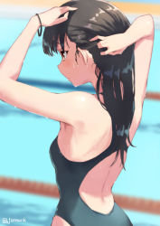 Rule 34 | 1girl, back, black hair, blush, bracelet, breasts, brown eyes, competition swimsuit, jewelry, jonsun, long hair, one-piece swimsuit, original, pool, small breasts, solo, swimsuit, wet