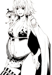 Rule 34 | 1girl, amazon lily, amazon warrior, asymmetrical clothes, breasts, breechcloth, cape, cleavage, epaulettes, female focus, greyscale, hand on own hip, jacket, jacket on shoulders, koma kiri aoko, large breasts, legs, loincloth, marguerite (one piece), midriff, monochrome, navel, one piece, short hair, single thighhigh, snake, solo, standing, striped clothes, striped thighhighs, thighhighs, vertical stripes