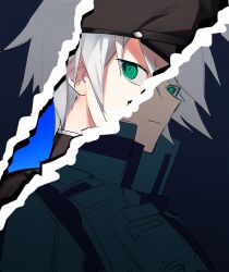 Rule 34 | 1boy, armor, black headwear, blue background, closed mouth, danganronpa (series), danganronpa v3: killing harmony, from side, frown, green eyes, grey hair, hair between eyes, highres, k1-b0, looking at viewer, male focus, official alternate costume, palaeng-i (parange022 dan), power armor, revealing layer, short hair, sideways glance, solo