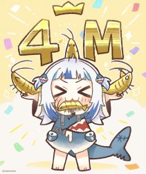 Rule 34 | &gt; &lt;, &gt; o, 1girl, :3, > <, blue hair, blunt bangs, blush stickers, chibi, commentary, confetti, crown, facing viewer, fins, fish tail, gawr gura, hair ornament, highres, hololive, hololive english, long hair, milestone celebration, mouth hold, multicolored hair, one eye closed, same anko, shark tail, shrimp, solo, streaked hair, tail, two-tone hair, two side up, virtual youtuber, white hair, x3