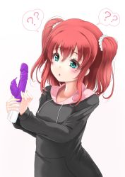 Rule 34 | 10s, 1girl, :o, ?, ??, black hoodie, clueless, dildo, frapowa, gradient background, green eyes, holding, holding sex toy, hood, hoodie, kurosawa ruby, long sleeves, love live!, love live! sunshine!!, medium hair, parted lips, pink background, red hair, sex toy, simple background, solo, spoken question mark, standing, two side up, upper body, vibrator