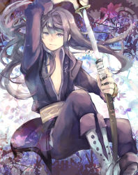 Rule 34 | 00s, 1boy, arm up, boots, floating hair, hair between eyes, holding, holding sword, holding weapon, knee boots, long hair, long sleeves, looking at viewer, male focus, obi, purple eyes, purple hair, sash, scabbard, sheath, shunatsu (shisui), sidelocks, solo, sword, tales of (series), tales of vesperia, two-handed, unsheathing, weapon, yuri lowell